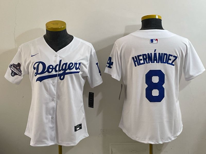 Women 2026 Nike Los Angeles Dodgers #8 Hernandez White Game MLB Jersey 06